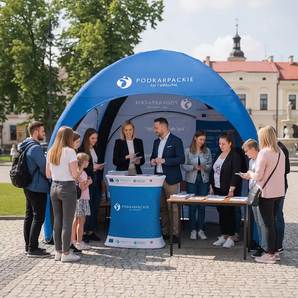 Namiot stałociśnieniowy Igloo 3x3 lifa z herbem gminy na promocji programu podkarapckie żyj i oddychaj